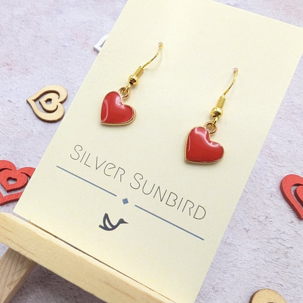 Red Heart Earring, Enamel Hearts with Gold-Plated Sterling Silver Earring Hooks