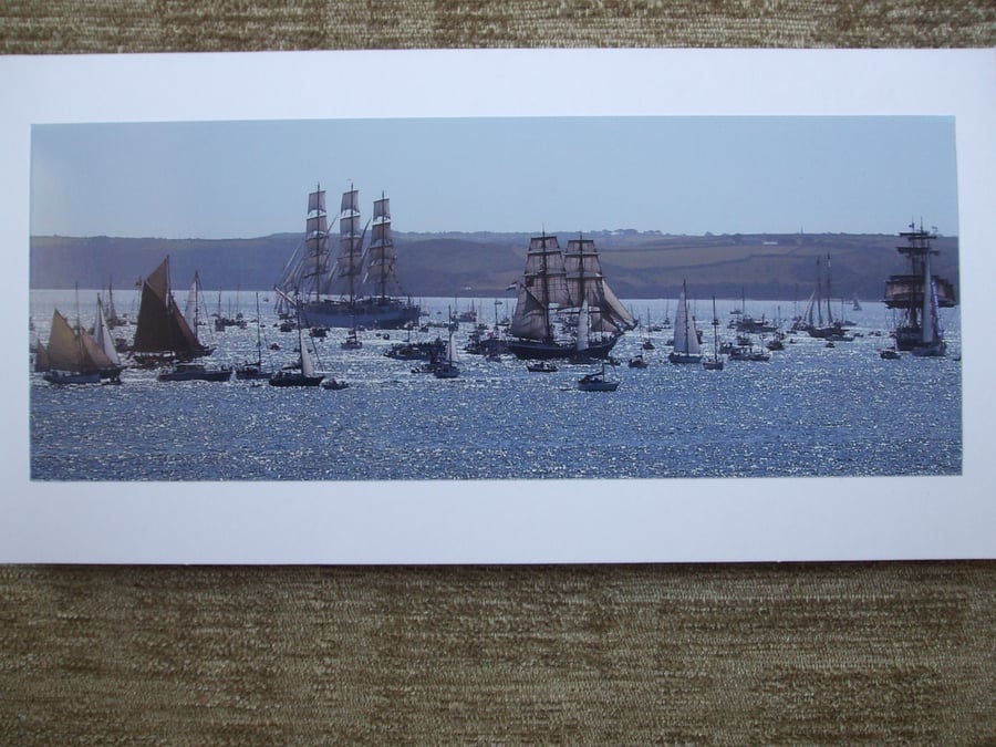 Photographic greetings card of Tall Ships in Falmouth Bay.