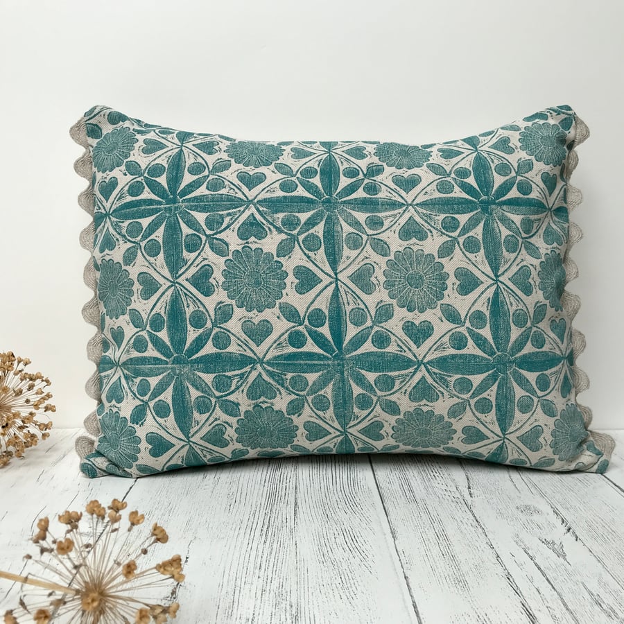 Hand Printed Linen Oblong Cushion - EIRA - Teal Blue