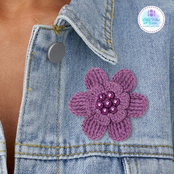 Crochet mauve flower brooch, crochet flower pin, flower brooch