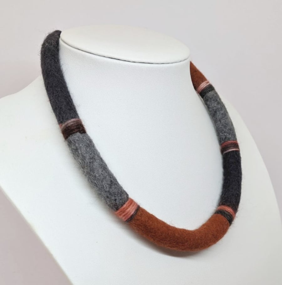 Felted cord necklace - shades of greys and rust