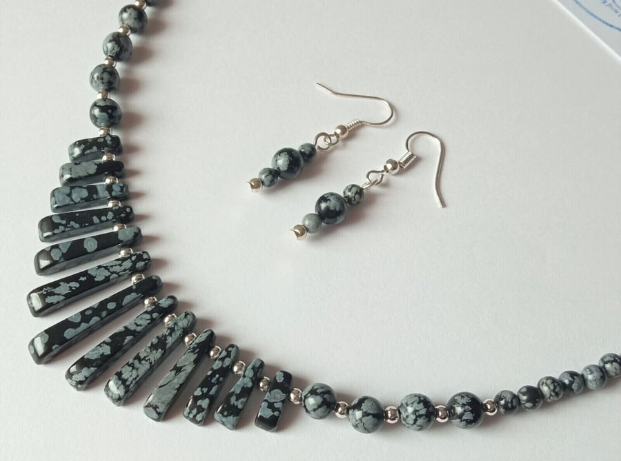 Snowflake Obsidian Necklace & Earrings Gift Set Spotted Gemstone Tapered