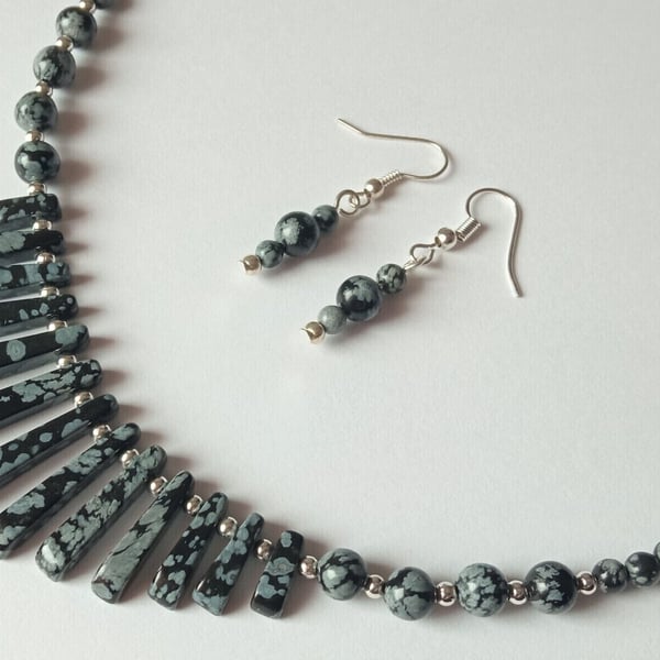 Snowflake Obsidian Necklace & Earrings Gift Set Spotted Gemstone Tapered