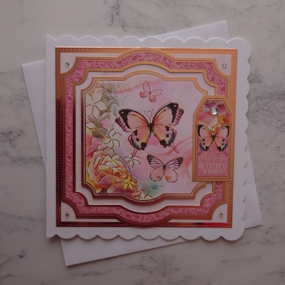 Sending You Butterfly Wishes Vintage Rose Gold Roses 3D Luxury Handmade Card