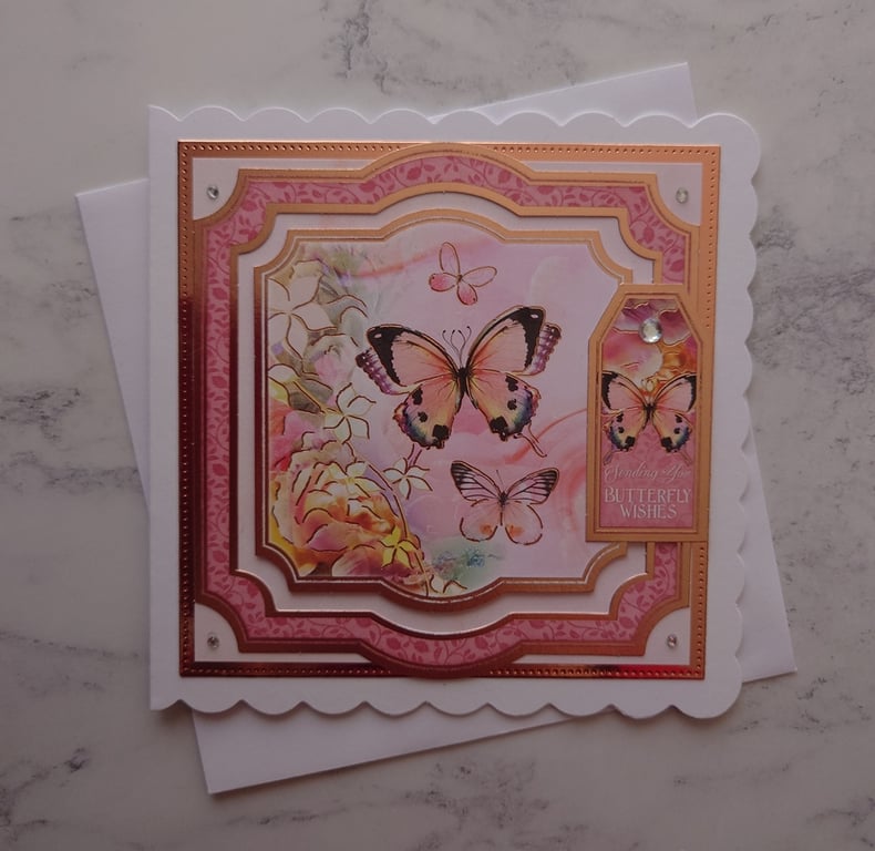Sending You Butterfly Wishes Vintage Rose Gold Roses 3D Luxury Handmade Card