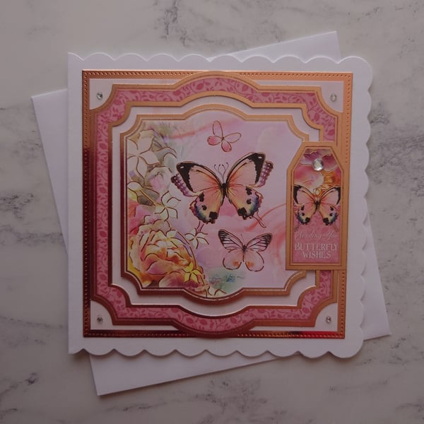 Sending You Butterfly Wishes Vintage Rose Gold Roses 3D Luxury Handmade Card