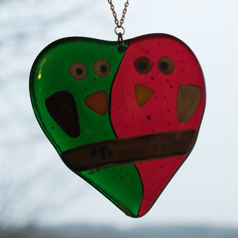 Lovebirds - Green & Red Fused Glass - 9047