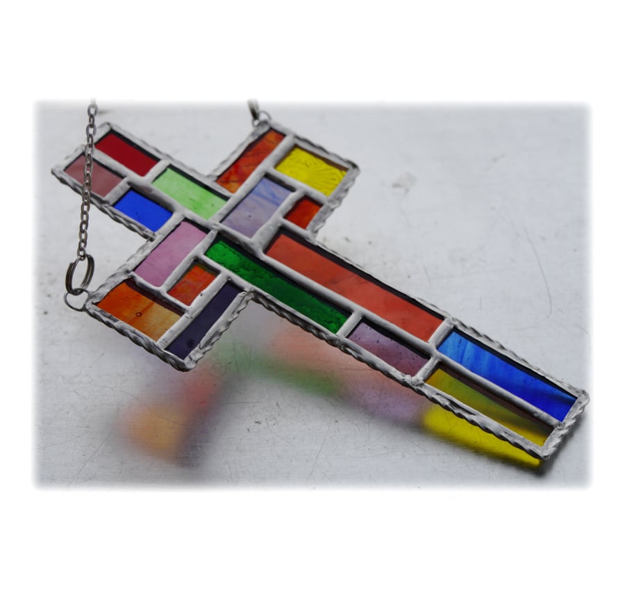  Cross Suncatcher Stained Glass  Patchwork Rainbow Handmade 028