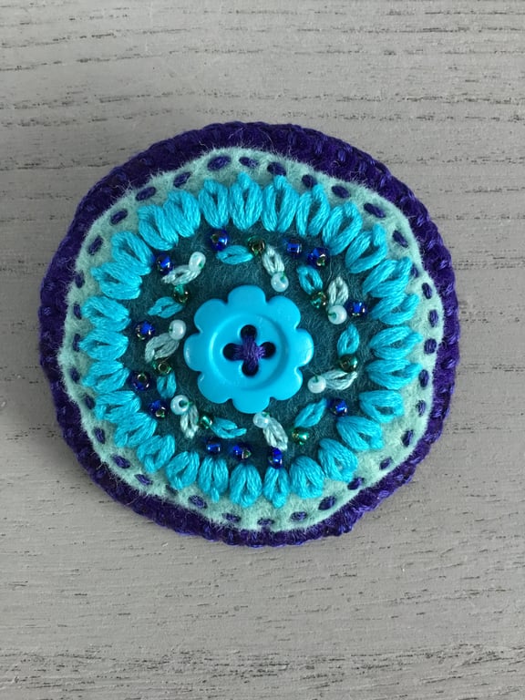 Hand Embroidered Blue Flower Brooch
