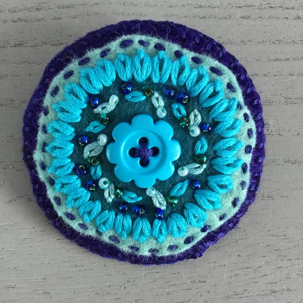 Hand Embroidered Blue Flower Brooch