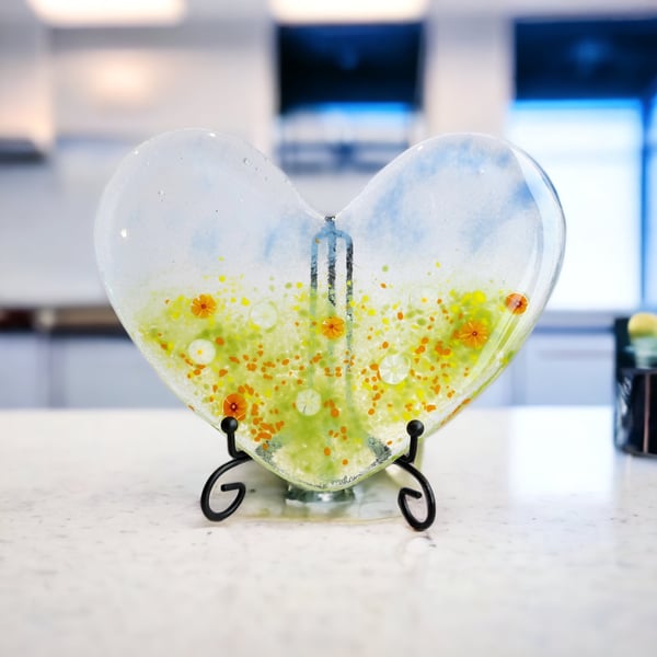 Large fused glass cast heart with black stand