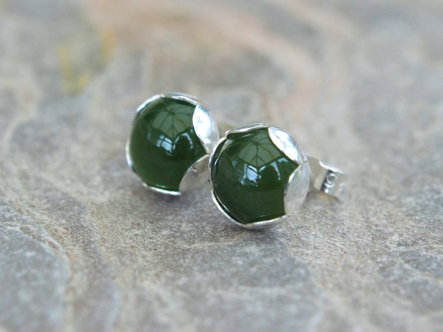 Sterling Silver Stud Earrings with Green Jade Gemstones