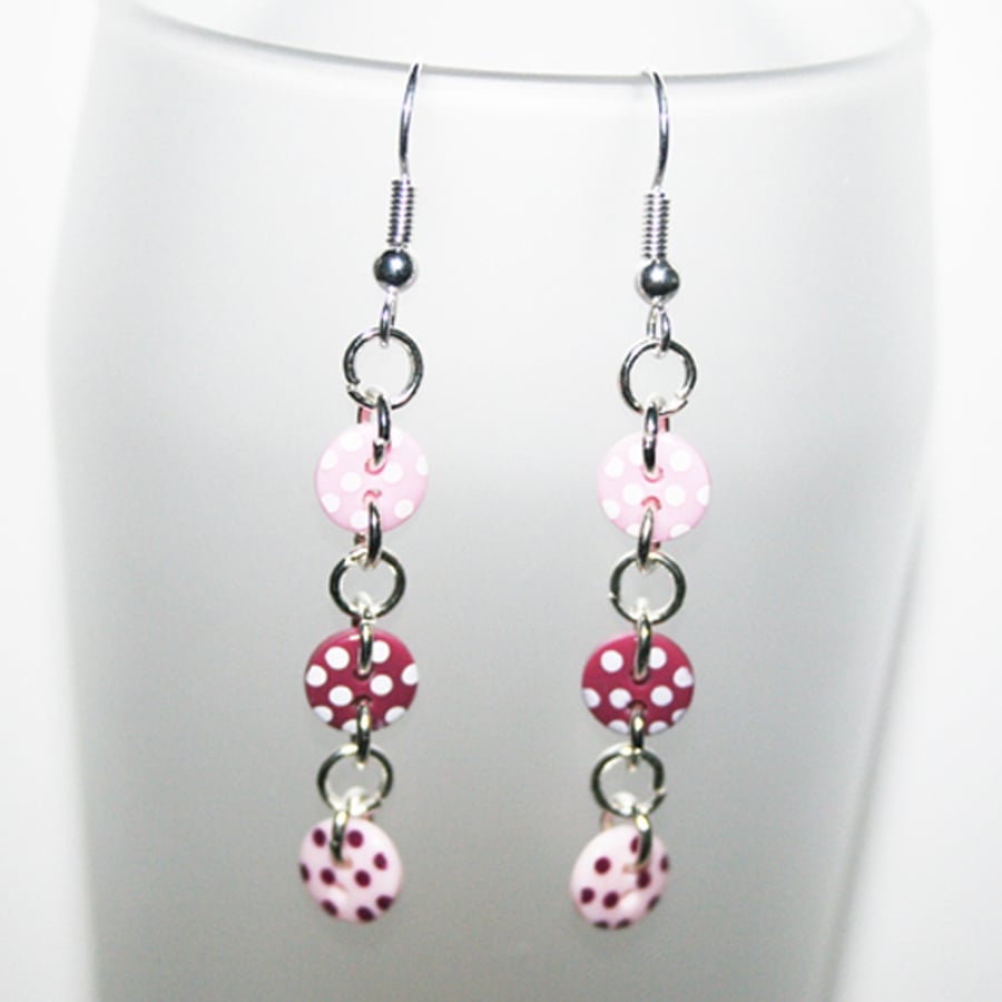 Pink and Maroon Polka Dot Button Earrings - Lightweight Dangle Earrings