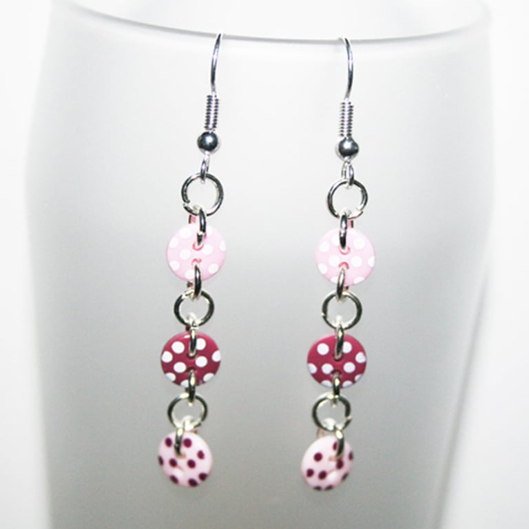 Pink and Maroon Polka Dot Button Earrings - Lightweight Dangle Earrings