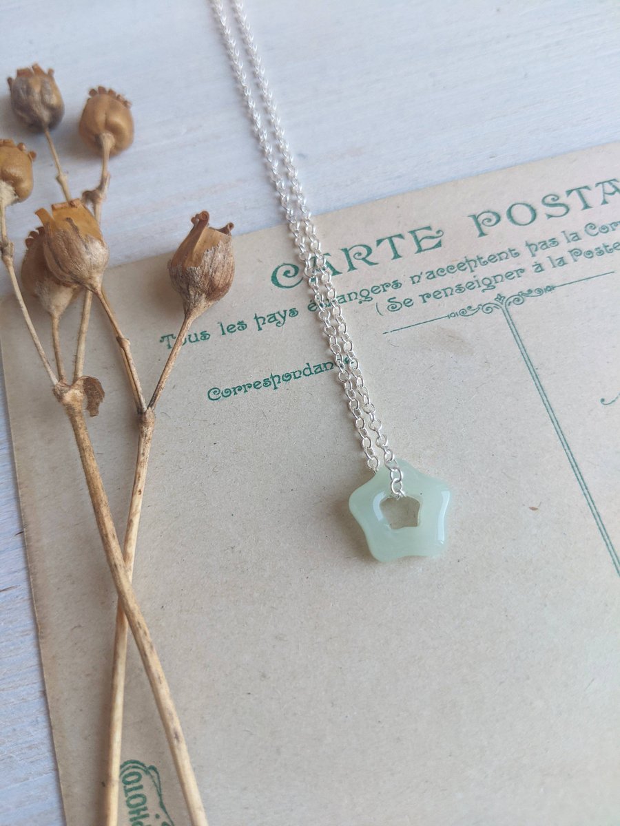 Carved Green Jade Flower necklace - gem on silver - charm jewellery