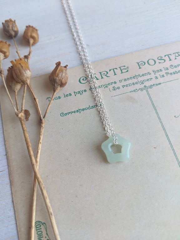 Carved Green Jade Flower necklace - gem on silver - charm jewellery
