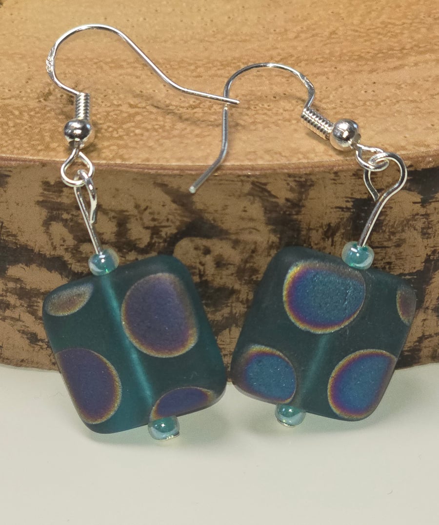 Czech glass turquoise cubed earrings with a peacock patton