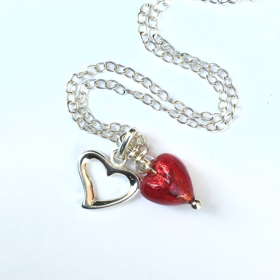 Red Heart Silver Heart Necklace Solid Silver Venetian Ruby Glass Bridesmaid
