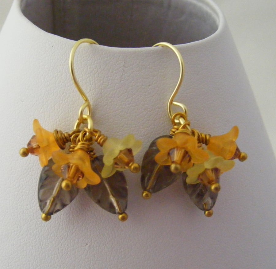Smokey Quartz Leaves and Lucite Flower Earrings