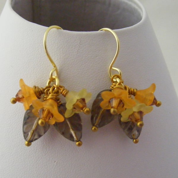 Smokey Quartz Leaves and Lucite Flower Earrings