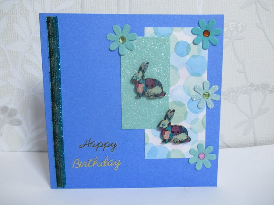 Bunny Rabbit Birthday Greetings Card Thank You Blue Green White Button Art