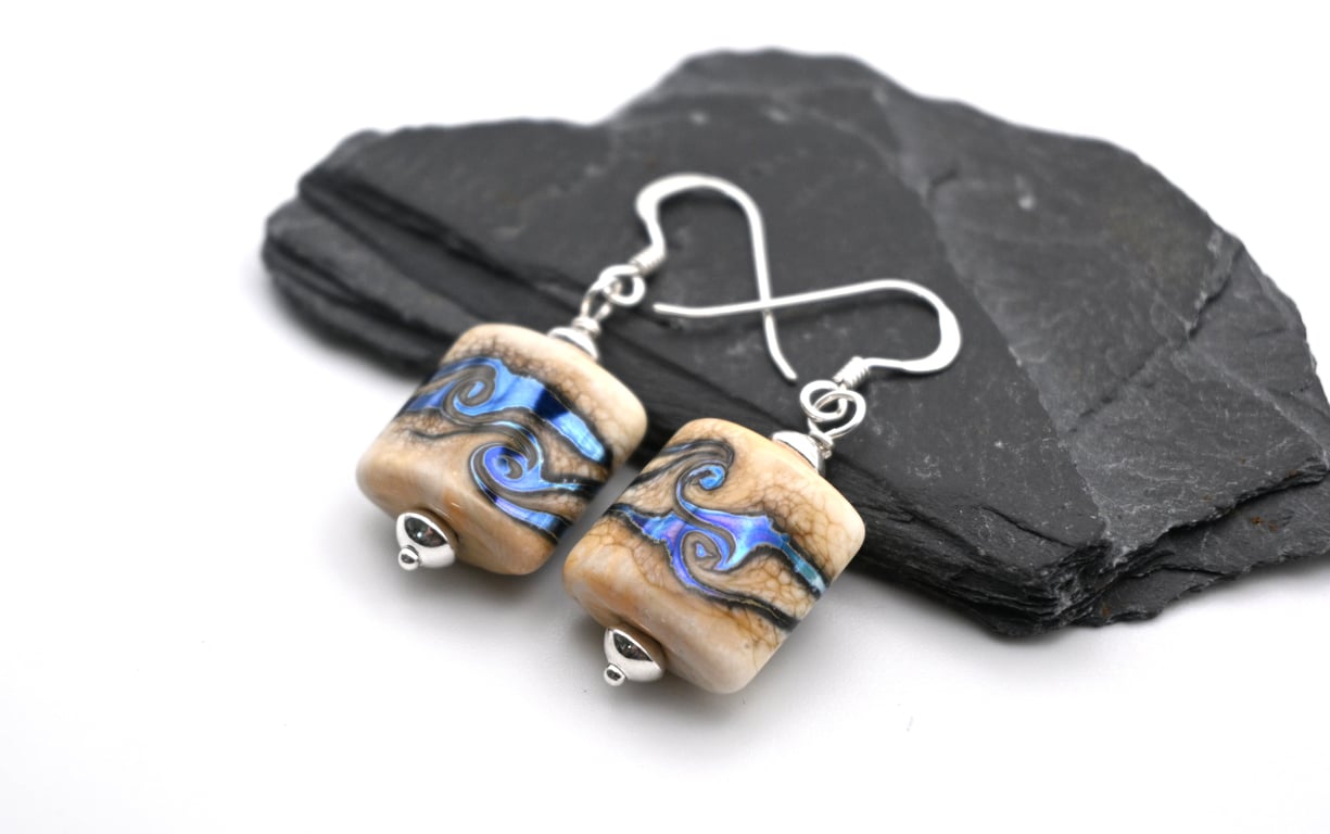 lampwork glass earrings, ivory and silver wrapped