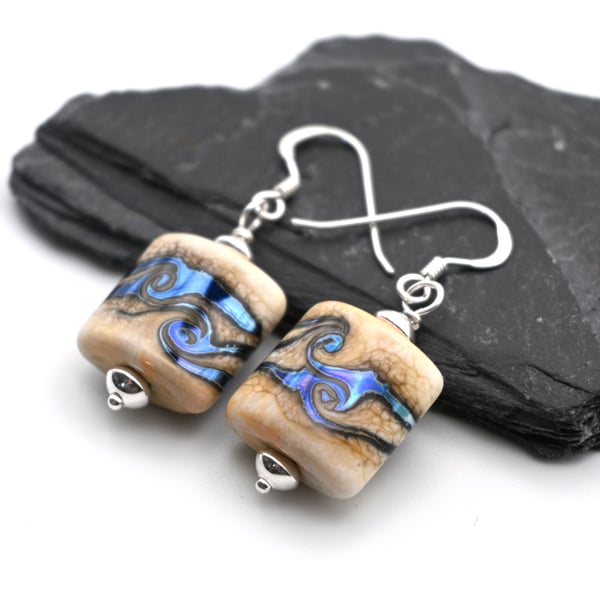 lampwork glass earrings, ivory and silver wrapped