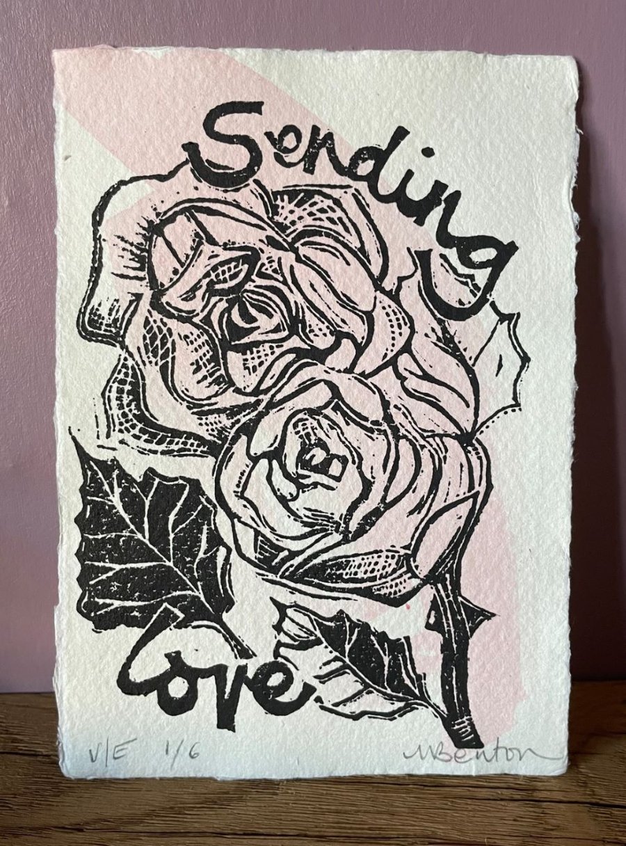 'Sending Love', Linocut Print with Pink Watercolour on Khadi Paper