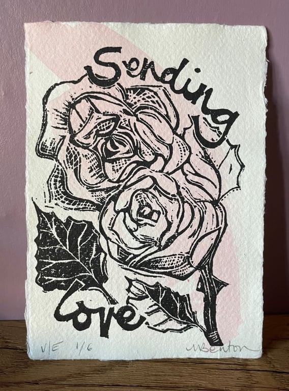 'Sending Love', Linocut Print with Pink Watercolour on Khadi Paper