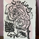 'Sending Love', Linocut Print with Pink Watercolour on Khadi Paper