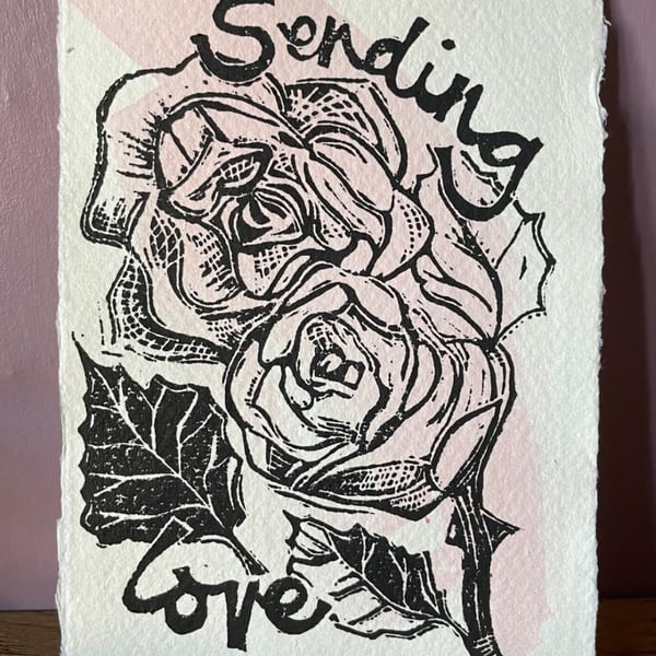 'Sending Love', Linocut Print with Pink Watercolour on Khadi Paper