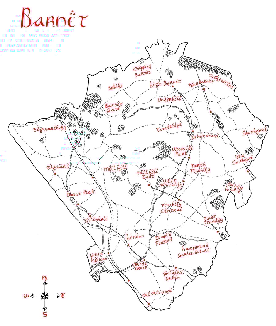 Map of London Borough of Barnet Hand Drawn Tolkien Style Map Artwork