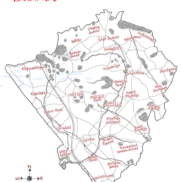 Map of London Borough of Barnet Hand Drawn Tolkien Style Map Artwork