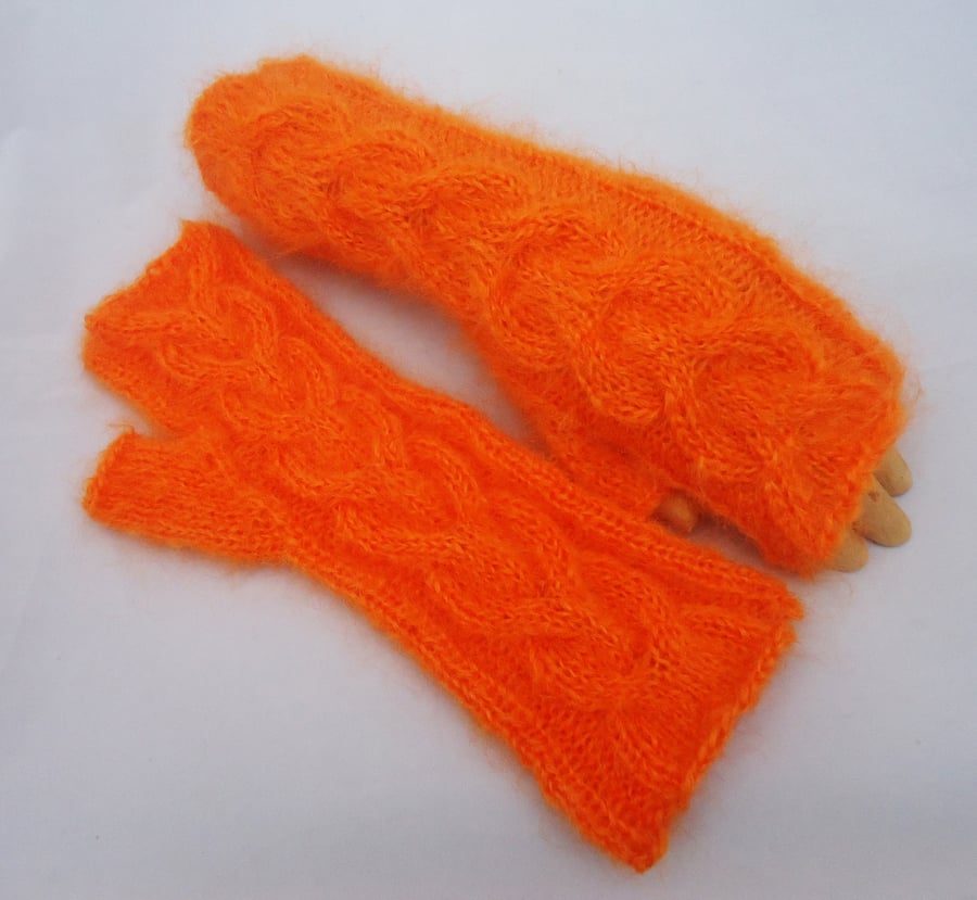 Hand Knit Fingerless Mittens, Long Mittens, Cable Mittens in Orange