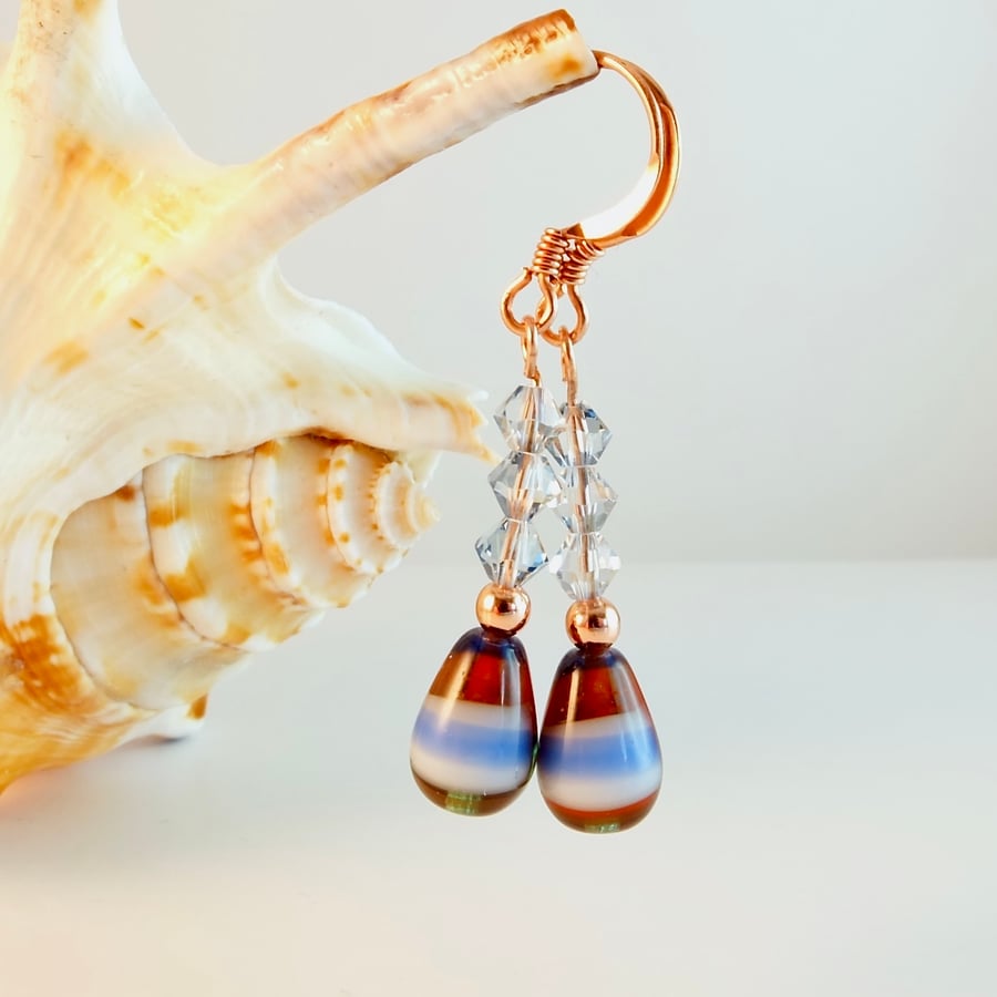 Glass Teardrop Earrings With Swarovski Crystals And Copper - Handmade In Devon