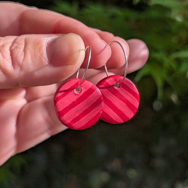 Hand-painted polymer clay red and pink striped sterling silver hoop earrings 