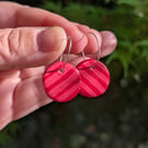 Hand-painted polymer clay red and pink striped sterling silver hoop earrings 