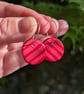 Hand-painted polymer clay red and pink striped sterling silver hoop earrings 