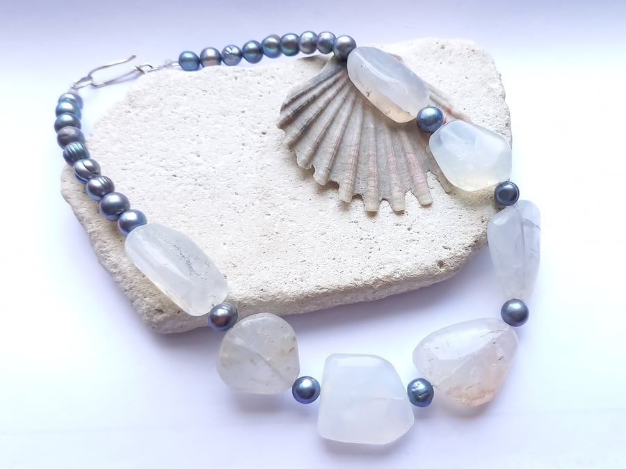 White Opal and Peacock Grey Baroque Pearl Statement Necklace