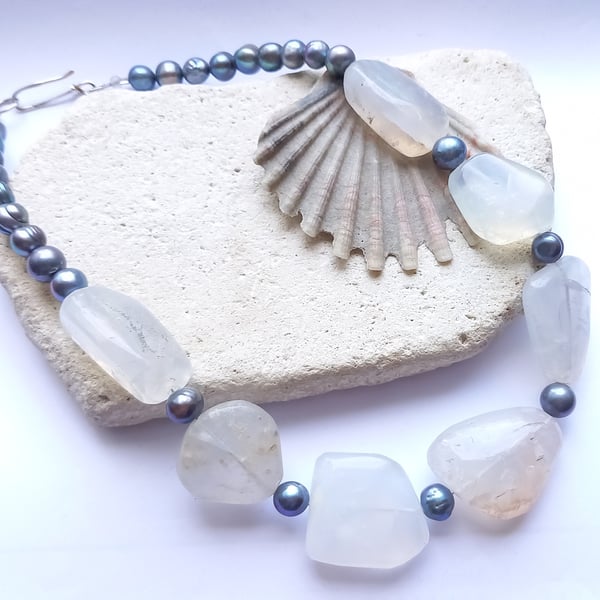 White Opal and Peacock Grey Baroque Pearl Statement Necklace