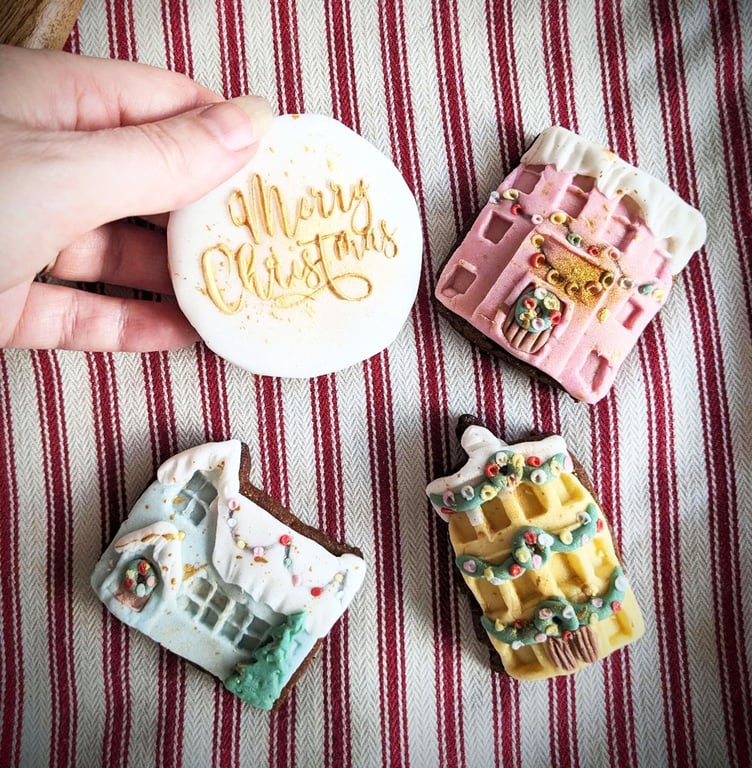 Handmade Decorated Gingerbread House Biscuits - Pastel Christmas Cookie Gift Box