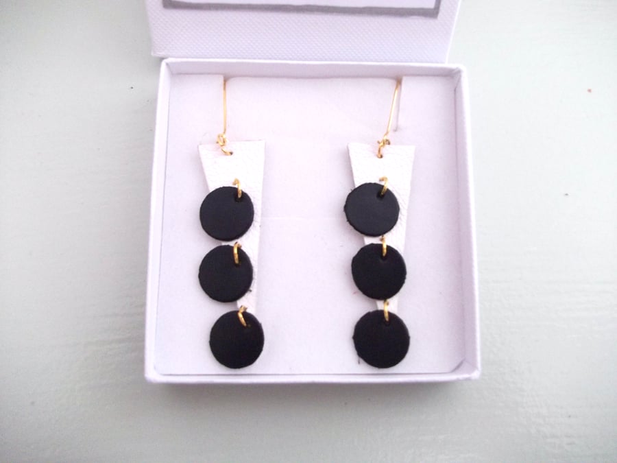 Black and White Leather Spot Backgammon Style Drop Dangle Earrings