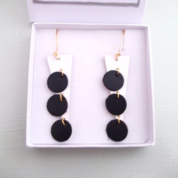 Black and White Leather Spot Backgammon Style Drop Dangle Earrings