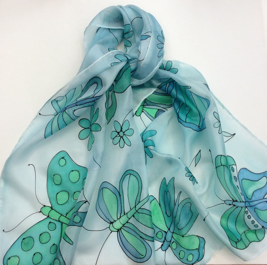 Aqua and Green Butterfly hand painted silk scarf