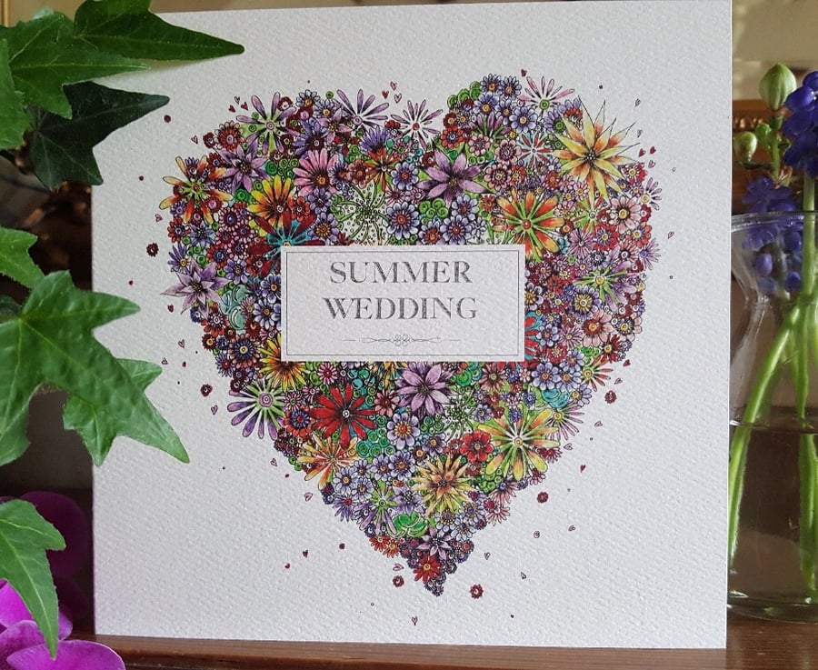 Summer Wedding Floral Heart Card