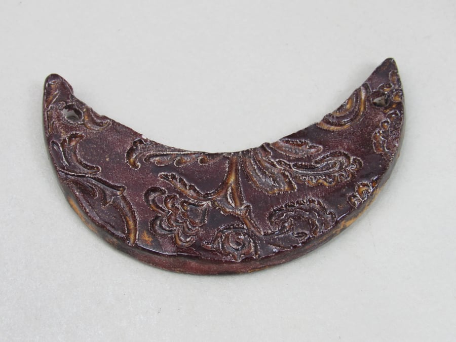 Dark Copper Brocade Ceramic Crescent Bib Pendant