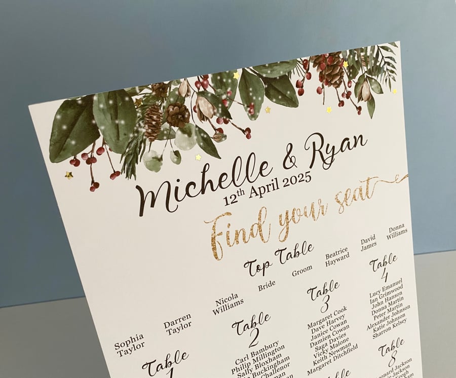 Christmas foliage WEDDING table seating PLAN board festive greenery decor