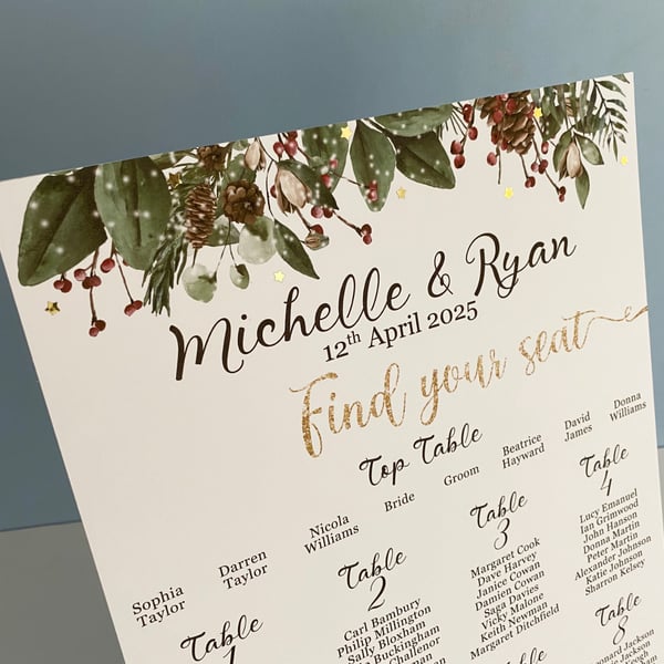 Christmas foliage WEDDING table seating PLAN board festive greenery decor