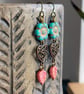 Colourful Turquoise Czech Glass Anemone Flower Earrings with Rose Pink Leaves - Image 2