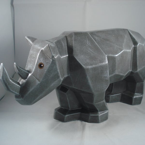Large Grey Ceramic Faceted Safari Rhino Rhinoceros Animal Figurine Ornament.